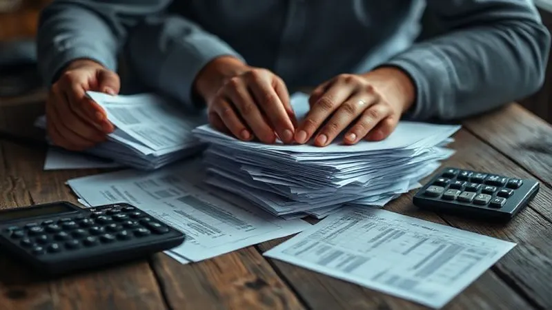Photorealistic, professional photography, 8K, cinematic lighting, sharp focus, depth of field, shot on a high-end DSLR. A person's hands meticulously organizing a stack of bills and financial documents on a rustic wooden table, with a calculator and a focused expression. The background is softly blurred, suggesting a quiet, determined effort in financial planning.