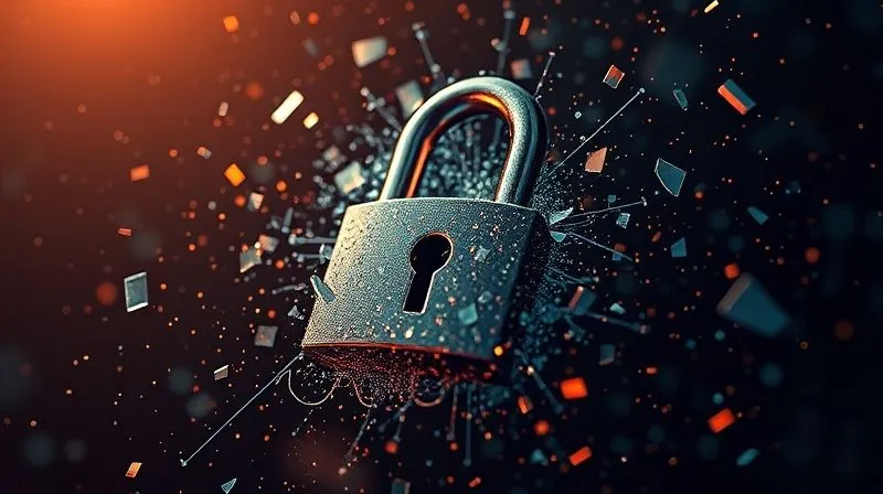 photorealistic, professional photography, 8K, cinematic lighting, sharp focus, depth of field, shot on a high-end DSLR, a digital padlock shattering into countless fragments, revealing a complex, vulnerable network of data streams underneath, dramatic lighting highlighting the fragility of digital security, emphasizing loss and exposure.