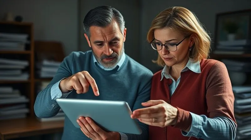 A real estate agent and a client reviewing a C.L.U.E. report on a tablet, pointing to specific entries with a concerned but determined expression. The background shows a dimly lit room with stacks of real estate documents. Photorealistic, professional photography, 8K, cinematic lighting, sharp focus on the tablet and their hands, depth of field blurring the background, shot on a high-end DSLR.