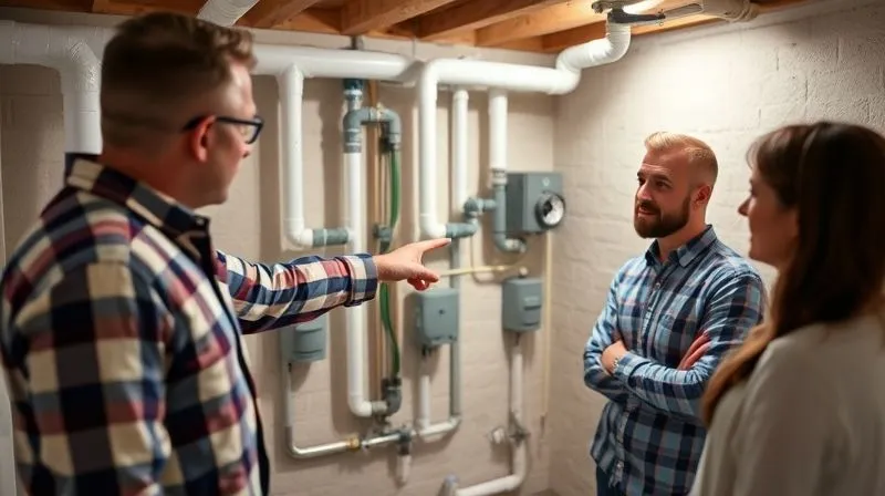 A professional home inspector pointing to a newly installed, modern plumbing system in a home's basement, with a homeowner and real estate agent looking on approvingly. The scene is well-lit and clean, suggesting improvements. Photorealistic, professional photography, 8K, cinematic lighting, sharp focus on the plumbing and their faces, depth of field blurring the background, shot on a high-end DSLR.