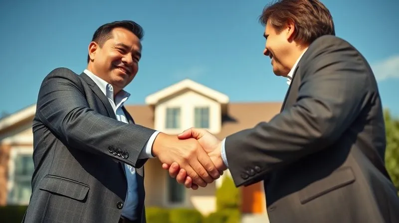 A real estate agent shaking hands with a relieved client in front of a newly purchased home, with a clear blue sky and warm sunlight. The agent's expression is confident and empathetic, the client's is grateful. Photorealistic, professional photography, 8K, cinematic lighting, sharp focus on the handshake and their faces, depth of field blurring the background, shot on a high-end DSLR.