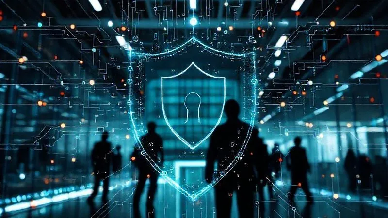 photorealistic, professional photography, 8K, cinematic lighting, sharp focus, depth of field, shot on a high-end DSLR, a complex network of glowing data lines and digital symbols forming a shield around a modern office building, with ominous, shadowy figures lurking in the background, representing the digital threat landscape.