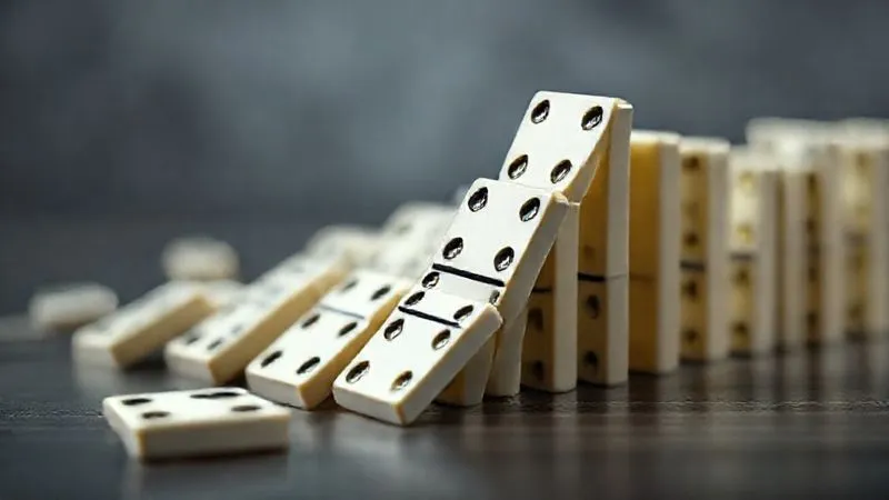 A photorealistic image of a series of dominoes falling perfectly, representing the debt avalanche method, with one domino suddenly stuck or out of place, cinematic lighting, sharp focus, 8K hyper-detailed.