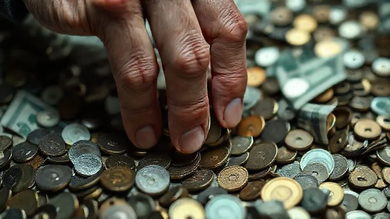 A photorealistic close-up of a hand meticulously sifting through a pile of coins and bills, symbolizing finding hidden savings, with a determined expression, cinematic lighting, sharp focus, 8K hyper-detailed.