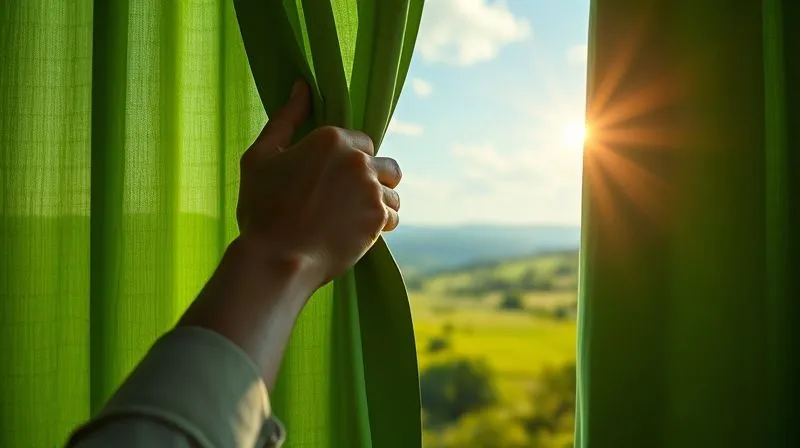 photorealistic, professional photography, 8K, cinematic lighting, sharp focus, depth of field, shot on a high-end DSLR. A hand gently pulling back a lush, green curtain to reveal a sunlit, open landscape, symbolizing the discovery of hidden opportunities and resources, with a subtle hint of financial symbols in the distant landscape.