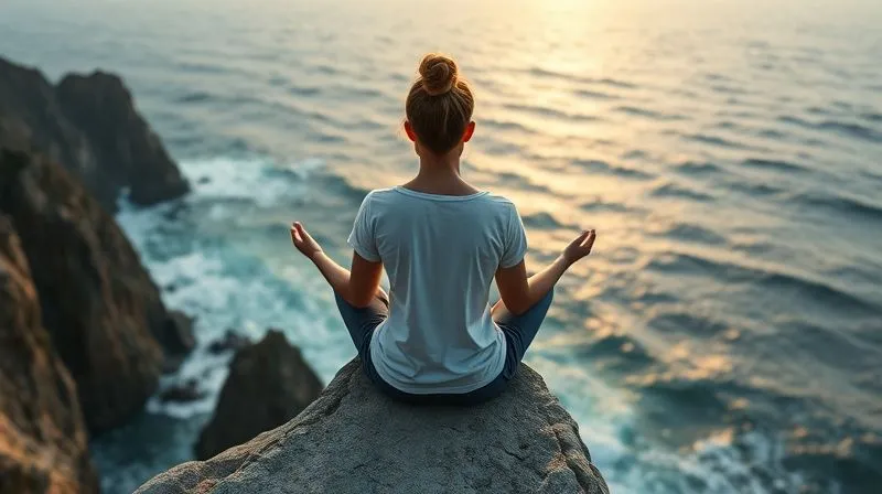 photorealistic, professional photography, 8K, cinematic lighting, sharp focus, depth of field, shot on a high-end DSLR. A person meditating peacefully on a cliff edge overlooking a vast, turbulent ocean, symbolizing finding inner calm amidst external financial storms. The person's posture is serene, with warm, golden light illuminating their face, suggesting hope and inner strength.