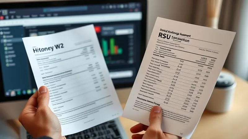 A photorealistic image showing a person's hands holding a W2 form in one hand and a detailed brokerage statement with RSU transaction history in the other, both documents clearly visible. A computer screen in the background displays an online equity portal. The scene is well-lit, professional photography, 8K, cinematic lighting, sharp focus on the documents, depth of field blurring the background, shot on a high-end DSLR.