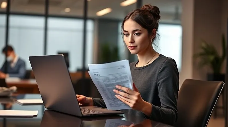 A photorealistic image of a professional woman, looking determined but calm, sitting at a desk with a laptop open to a company HR portal. She's holding a stack of financial documents, including a W2 and a brokerage statement. The setting is a modern, well-lit office, professional photography, 8K, cinematic lighting, sharp focus on the woman and documents, depth of field blurring the background, shot on a high-end DSLR.