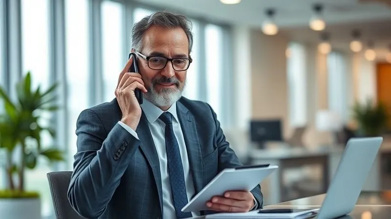 A photorealistic image of a mortgage broker, looking calm and professional, speaking empathetically on the phone while taking notes on a pad. The background is a modern, clean office setting with a subtle depth of field. 8K, cinematic lighting, sharp focus, professional photography, shot on a high-end DSLR.