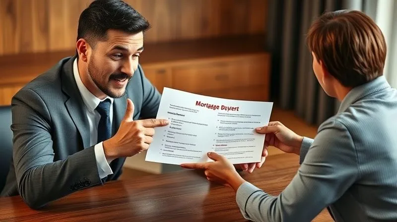 A photorealistic image of a mortgage broker and a first-time buyer client sitting at a table, reviewing a detailed document with various options highlighted. The broker points reassuringly at a section, showing clear solutions. Professional, 8K, cinematic lighting, sharp focus, depth of field, shot on a high-end DSLR.
