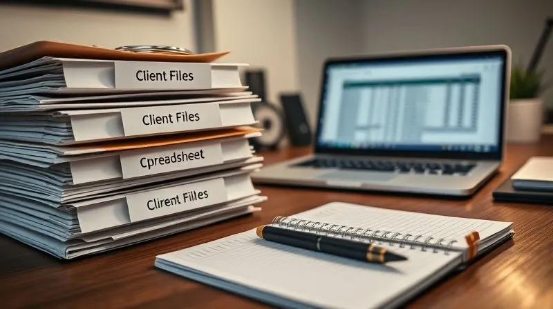 A photorealistic image of a meticulously organized desk with neatly stacked folders labeled 'Client Files,' a laptop displaying a spreadsheet, and a pen resting on a notepad. The scene conveys efficiency and attention to detail, with soft, professional lighting. 8K, cinematic lighting, sharp focus, depth of field, shot on a high-end DSLR.
