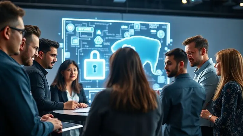 A photorealistic, professional photography, 8K, cinematic lighting, sharp focus, depth of field shot on a high-end DSLR of a diverse team of financial professionals and developers collaborating around a glowing holographic projection of secure API architecture, symbolizing a unified "security-first" culture. The atmosphere is one of focused teamwork and innovation, with digital security elements subtly integrated into the environment.
