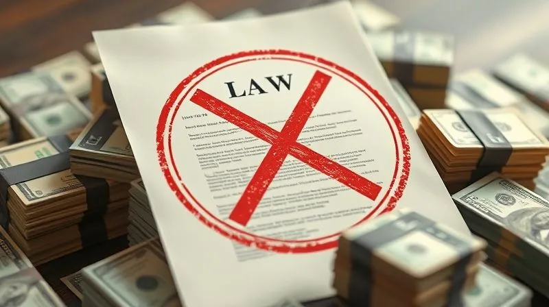 A photorealistic image of a legal document with a large red 'X' stamp, surrounded by stacks of money, cinematic lighting highlighting the gravity, sharp focus on the document, depth of field blurring the background, 8K hyper-detailed.
