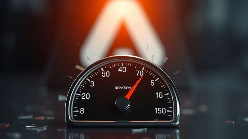 A photorealistic image of a digital reputation meter dropping sharply, with fragmented pieces of a company logo in the background, cinematic lighting, sharp focus on the meter, depth of field blurring the background, 8K hyper-detailed.