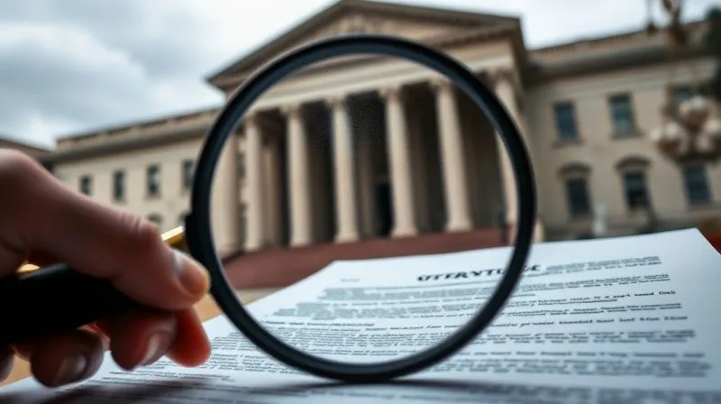 A photorealistic, professional photography, 8K, cinematic lighting, sharp focus, depth of field, shot on a high-end DSLR. A legal contract or financial document being closely examined under a magnifying glass, with a blurred, imposing courthouse in the background. The image conveys scrutiny, legal process, and significant stakes. Emphasis on the fine print and critical details.
