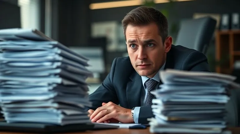 A photorealistic, professional photography, 8K, cinematic lighting, sharp focus, depth of field image of a well-dressed professional (male or female) looking stressed and overwhelmed at their desk, surrounded by stacks of blurred bills and financial documents. The lighting is dim and emphasizes the feeling of being trapped. Shot on a high-end DSLR.