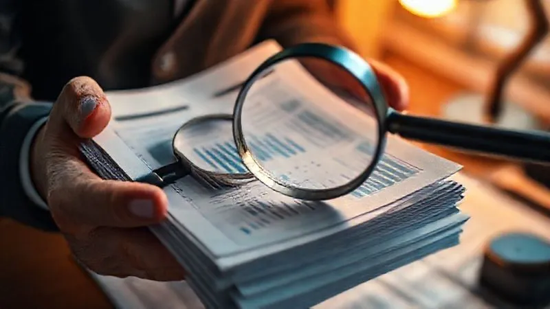 A photorealistic close-up of a person's hands holding a stack of credit reports, with a magnifying glass hovering over complex financial data, lit by warm, focused desk lamp light, 8K, cinematic lighting, sharp focus, depth of field, shot on a high-end DSLR.