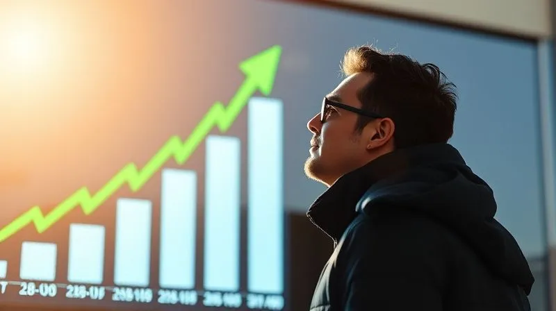 photorealistic, professional photography, 8K, cinematic lighting, sharp focus, depth of field, shot on a high-end DSLR. A graphic representation of credit score numbers rising on a digital display, with small green arrows indicating upward movement, set against a backdrop of a person confidently looking towards a bright horizon, symbolizing financial progress.