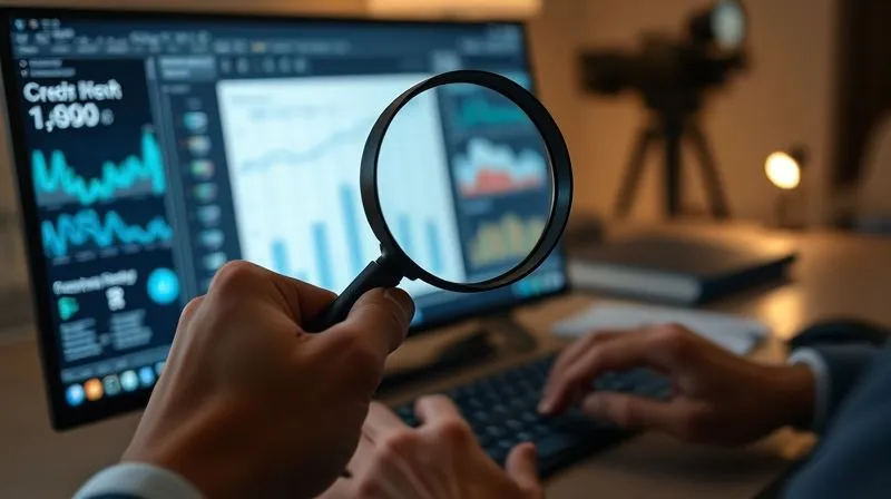 photorealistic, professional photography, 8K, cinematic lighting, sharp focus, depth of field, shot on a high-end DSLR. A hand holding a magnifying glass over a digital screen displaying a credit report with various metrics and graphs, while the other hand types on a keyboard, symbolizing meticulous credit monitoring and management.