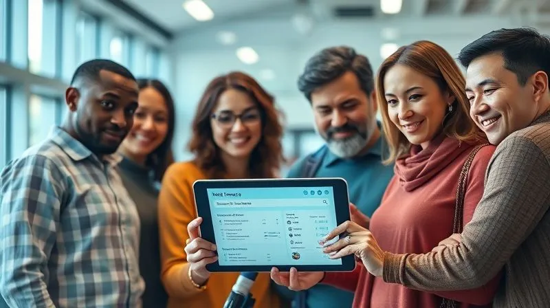 A photorealistic image of a diverse group of people, spanning different ages, looking confidently at a digital tablet displaying health insurance options. Bright, clean, and modern setting, cinematic lighting, sharp focus on the tablet, depth of field blurring the background, professional photography, 8K hyper-detailed.