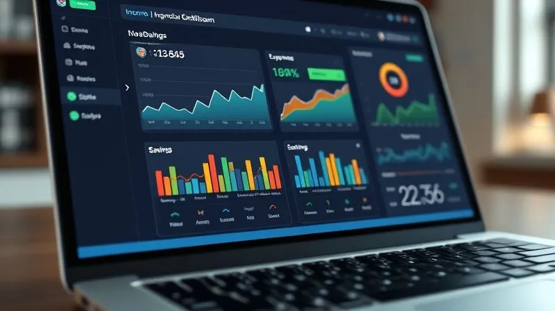 A photorealistic 3D rendering of a financial dashboard displaying income, expenses, and savings breakdown with clear charts and graphs, cinematic lighting, sharp focus on the data, depth of field blurring a laptop keyboard, 8K hyper-detailed, professional photography.