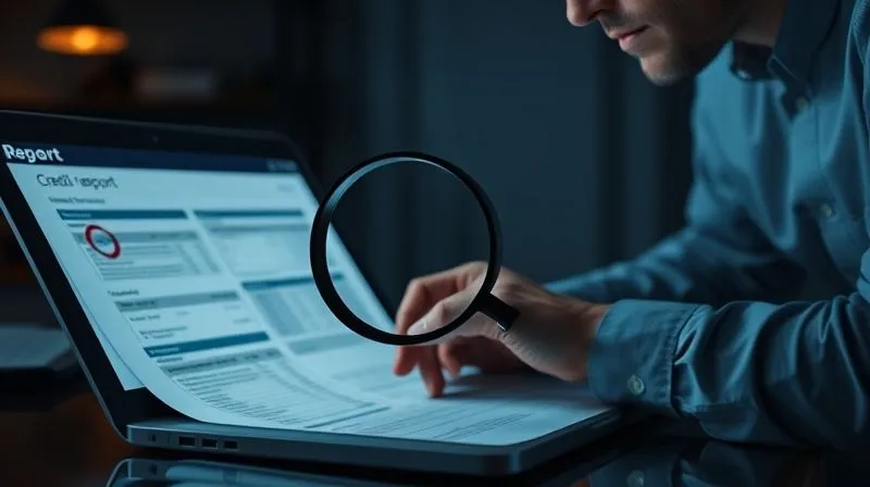 A photorealistic image of a professional meticulously reviewing a complex credit report on a laptop, with a magnifying glass hovering over specific details. The background shows a dimly lit, focused work environment, emphasizing attention to detail. professional photography, 8K, cinematic lighting, sharp focus, depth of field, shot on a high-end DSLR.