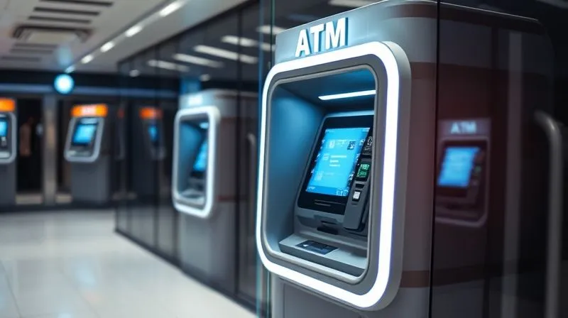 A photorealistic, professional photography, 8K, cinematic lighting, sharp focus, depth of field, shot on a high-end DSLR, showing a futuristic, sleek ATM integrated seamlessly into a secure, modern banking environment, with a blurred, older ATM in the background, symbolizing a gradual transition. The mood is progressive and forward-thinking.