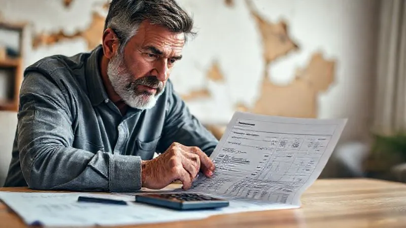 photorealistic, professional photography, 8K, cinematic lighting, sharp focus, depth of field, shot on a high-end DSLR, a homeowner meticulously examining a detailed contractor's estimate document, a damaged wall or ceiling partially visible in the blurred background, a calculator and pen on the table, focus on the hands and documents, serious and thoughtful expression, warm, natural light.
