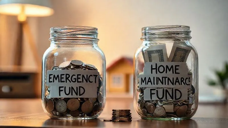 photorealistic, professional photography, 8K, cinematic lighting, sharp focus, depth of field, shot on a high-end DSLR, two glass jars labeled "Emergency Fund" and "Home Maintenance Fund," one significantly larger and fuller than the other, with coins and bills neatly stacked, on a wooden desk with a house miniature in the background, symbolizing financial planning for home, soft ambient light.