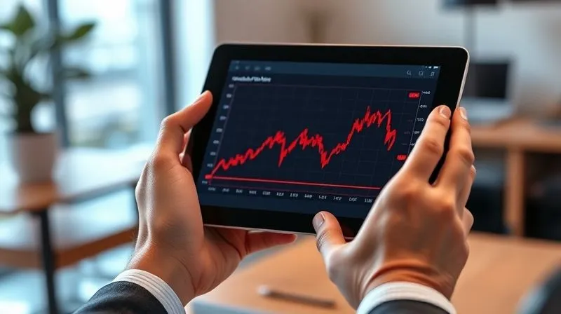 photorealistic, professional photography, 8K, cinematic lighting, sharp focus, depth of field, shot on a high-end DSLR. A person's hands, slightly trembling but determined, holding a tablet displaying a red, downward-trending stock chart. The background is blurred, showing a calm, reassuring financial advisor's office. The mood is one of initial shock but growing resolve.