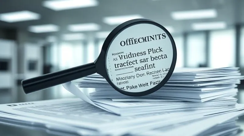 A photorealistic image of a stack of official-looking business documents with a magnifying glass over them, highlighting fine print, in a sterile office environment, cinematic lighting, sharp focus, depth of field, 8K hyper-detailed.