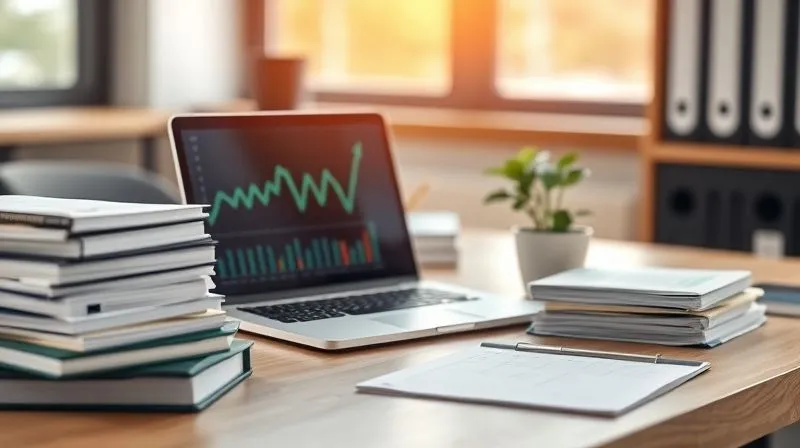 A photorealistic image of a well-organized desk with neatly stacked files, a laptop displaying financial charts, and a small plant, symbolizing order and control, soft natural light, sharp focus, depth of field, 8K hyper-detailed.