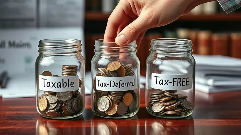 A photorealistic, professional photography, 8K, cinematic lighting image of three transparent glass jars clearly labeled "Taxable," "Tax-Deferred," and "Tax-Free," each containing different amounts of coins and bills, arranged on a polished mahogany desk. A hand is reaching for the "Taxable" jar first, indicating a strategic withdrawal order. Sharp focus on the jars and hand, depth of field blurring the background with subtle financial documents. Shot on a high-end DSLR, symbolizing strategic withdrawal sequencing for early retirement.