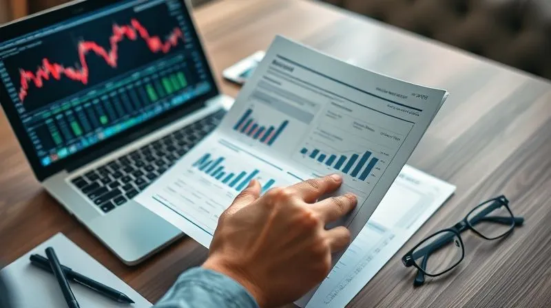photorealistic, professional photography, 8K, cinematic lighting, sharp focus, depth of field, shot on a high-end DSLR. A person's hands holding a financial report, with charts and graphs visible, next to an open laptop displaying stock market data. A pair of reading glasses rests on the table. The scene is well-lit, conveying concentration and diligent research. The focus is on the detailed information being absorbed.