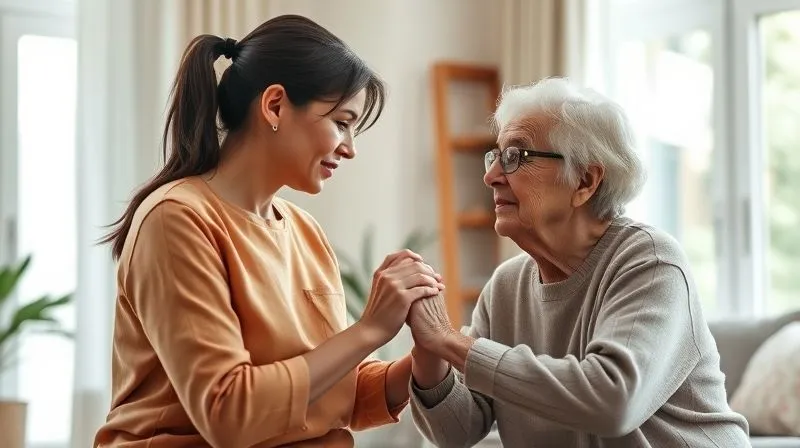 photorealistic, professional photography, 8K, cinematic lighting, sharp focus, depth of field, shot on a high-end DSLR. A compassionate caregiver gently holding the hand of an elderly person, both seated in a bright, comfortable living room. The caregiver is listening attentively, offering comfort and support. The scene evokes empathy, connection, and emotional resilience amidst difficulty. Soft, warm lighting.