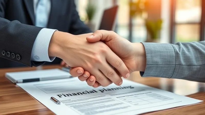 A photorealistic image of two hands shaking firmly over a financial planning document, symbolizing trust and a strong client-advisor relationship. One hand belongs to an experienced financial advisor, the other to a relieved client. Cinematic lighting, sharp focus on the hands and document, depth of field blurring a modern, professional office. 8K hyper-detailed.