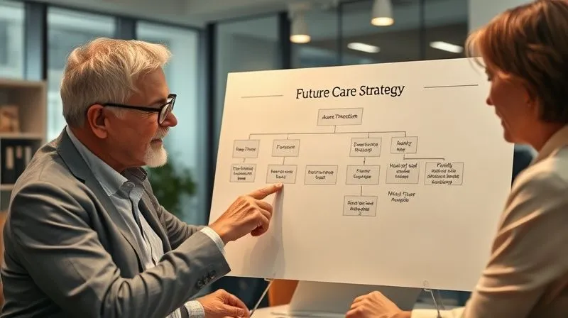 A photorealistic image of a wise financial advisor pointing to a flow chart titled 'Future Care Strategy' with concepts like 'Asset Protection,' 'Choice of Care,' and 'Family Peace of Mind,' while a client looks on with newfound understanding. Cinematic lighting, sharp focus on the chart and faces, depth of field blurring the office background. 8K, professional photography.