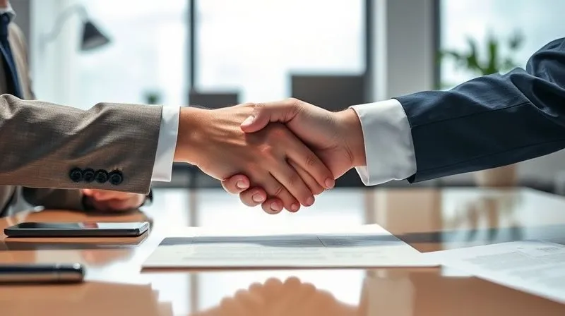 A photorealistic image of a financial advisor and a client shaking hands across a desk, with a signed document clearly visible. The lighting is bright and professional, conveying a sense of finality and agreement. The focus is on the handshake and document, with a blurred office background. 8K, professional photography, cinematic lighting, sharp focus, depth of field.