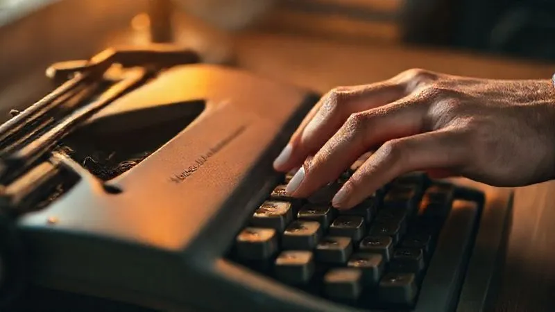 A photorealistic image of a professional, compassionate letter being typed on a vintage typewriter, with a focused hand, warm cinematic lighting, emphasizing meticulous detail and care. 8K, sharp focus.