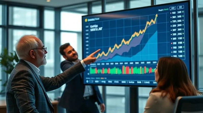 A photorealistic image of a financial advisor pointing to a vibrant, upward-trending stock market graph on a large digital screen, with a client looking on with renewed optimism. The screen displays compounding growth curves and diversified asset allocations. Cinematic lighting, sharp focus on the screen and faces, depth of field blurring the modern office background, 8K hyper-detailed, professional photography.