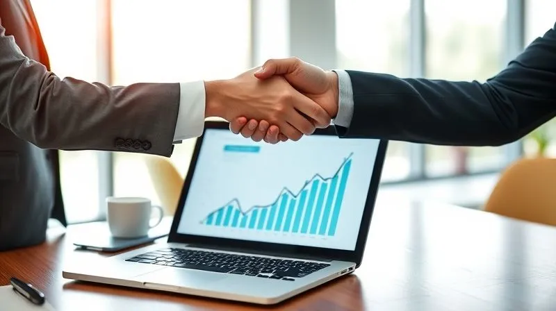 A photorealistic image of a financial advisor and a client shaking hands over a table with a laptop displaying a positive financial chart, symbolizing a successful plan and renewed confidence. The setting is a bright, modern office with large windows. Cinematic lighting, sharp focus on the handshake and laptop, depth of field blurring the background, 8K hyper-detailed, professional photography.