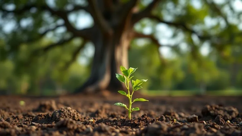 A photorealistic, professional photography of a vibrant green sapling, meticulously tended, growing from rich soil. In the background, subtly blurred, stands a majestic, mature oak tree. The image symbolizes long-term growth and the enduring value of careful cultivation. Cinematic lighting highlights the delicate details of the sapling, sharp focus, depth of field. Shot on a high-end DSLR, 8K hyper-detailed.