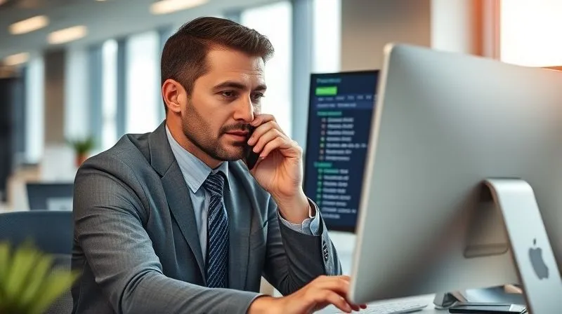 photorealistic, professional photography, 8K, cinematic lighting, sharp focus, depth of field, shot on a high-end DSLR, a business professional looking intently at a computer screen displaying banking transaction logs, with a phone to their ear, conveying urgency and problem-solving in a modern office environment.