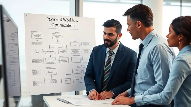 photorealistic, professional photography, 8K, cinematic lighting, sharp focus, depth of field, shot on a high-end DSLR, a detailed flowchart or process map being reviewed by two diverse business professionals, illustrating 'Payment Workflow Optimization' with arrows and boxes, in a clean, modern office setting, emphasizing strategic planning.