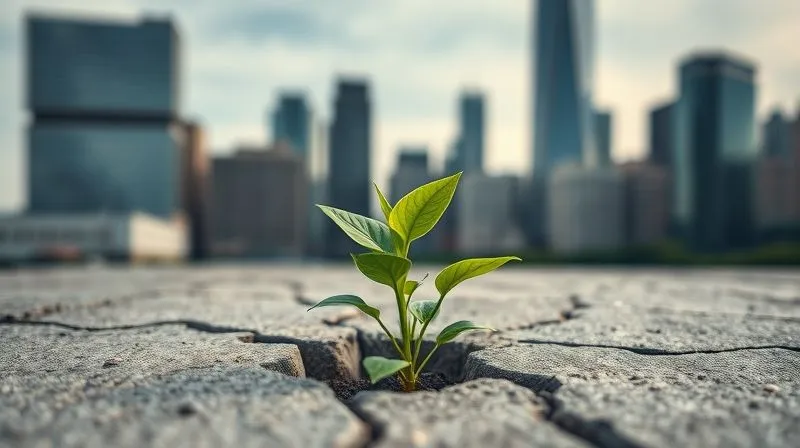 photorealistic, professional photography, 8K, cinematic lighting, sharp focus, depth of field, shot on a high-end DSLR, a strong, vibrant green plant growing resiliently through cracks in concrete, symbolizing financial strength and adaptability amidst challenges, with a blurred financial district skyline in the background.