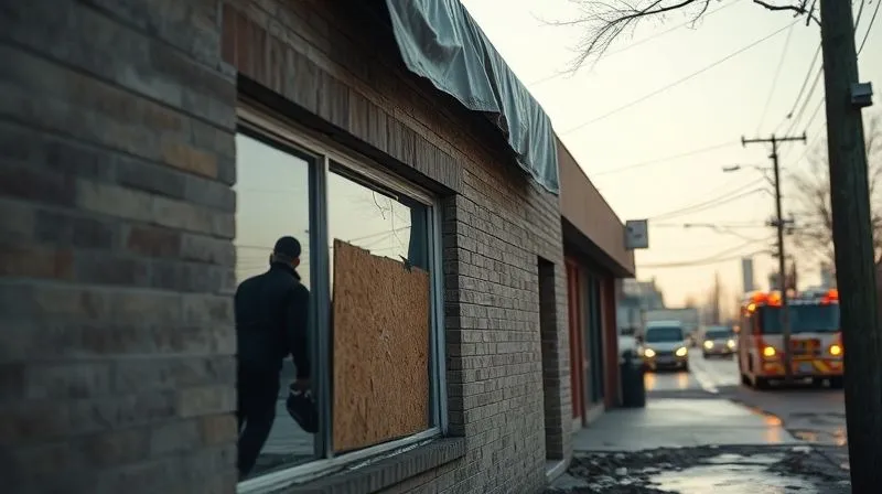 A photorealistic wide shot of a damaged commercial building, a broken window boarded up, a tarp over a section of the roof, with emergency services vehicles faintly visible. The scene is lit by early morning light, creating a sense of urgency and quiet devastation. Professional photography, 8K, cinematic lighting, sharp focus on the boarded window, depth of field blurring distant elements, shot on a high-end DSLR.