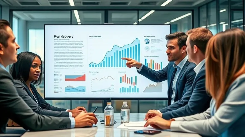 A photorealistic image of a diverse group of business professionals in a modern office, collaborating around a large monitor displaying financial recovery plans and graphs. One person points to a specific data point, indicating strategic discussion. The atmosphere is serious but hopeful. Professional photography, 8K, cinematic lighting, sharp focus on the faces and the screen, depth of field blurring the office background, shot on a high-end DSLR.