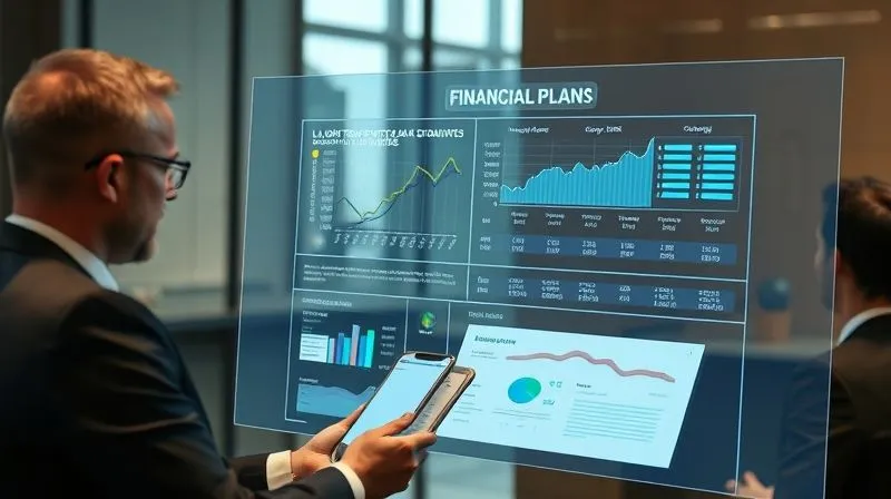 A photorealistic image of a private banker and client reviewing a detailed financial plan projected onto a holographic screen, showing long-term growth trajectories and risk assessments, professional, collaborative atmosphere, 8K, cinematic lighting, sharp focus.