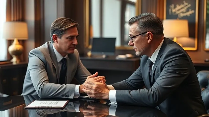A photorealistic image of a private banker calmly and confidently engaging in a serious, empathetic conversation with a stressed high-net-worth client in a luxurious private office, their hands are clasped on the table, expressing understanding and reassurance, 8K, cinematic lighting, sharp focus.