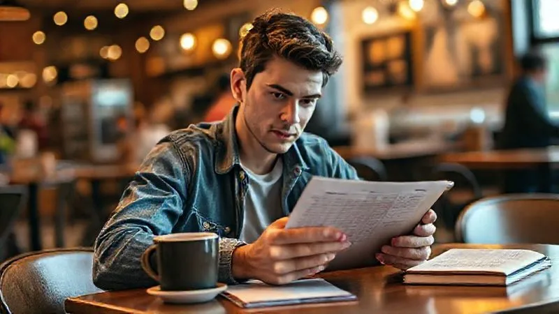A photorealistic image of a student sitting at a coffee shop table, intently looking at a budget spreadsheet on a tablet. Nearby are a coffee cup and a textbook. The student has a focused, determined expression, demonstrating financial planning. Cinematic lighting, warm tones, sharp focus on the tablet and student, depth of field blurring the background of the bustling cafe, 8K hyper-detailed.